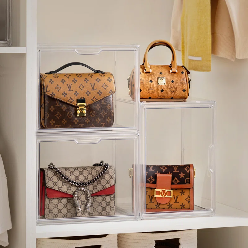 5 Pack Purse Storage Organizer For Closet, Large Clear Stackable Handbag Display Case Box With Magnetic Door For Collectibles, Cosmetics, Women Heels And Toys