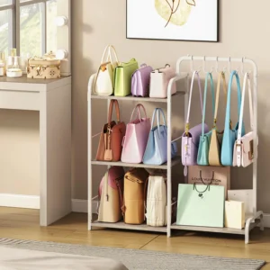 Purse Organizer For Closet, Large Capacity Purse Rack With 2 Purse Hangers And 5 Purse Hooks For Bag Organizer, Freestanding 3-Tier Handbag Organizer For Purse Storage, Ironwood Purse Holder, White
