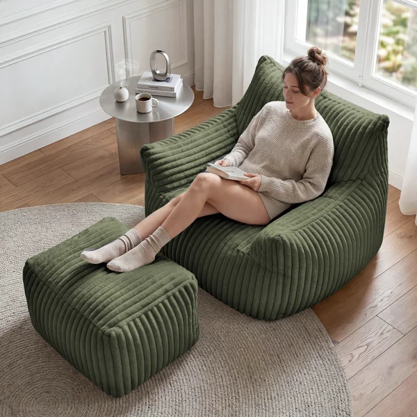 Set of 2 Oversized 46" Compression Corduroy Foam Bean Bag Chair with Ottoman(Set of 2) - Image 3