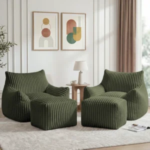 Set of 2 Oversized 46" Compression Corduroy Foam Bean Bag Chair with Ottoman(Set of 2)