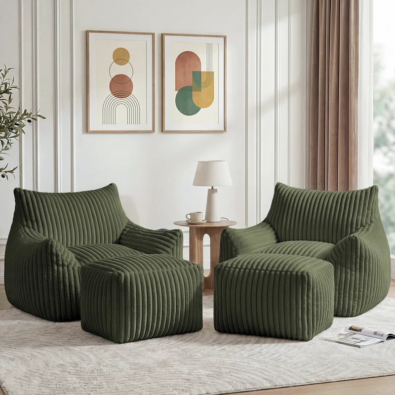 Set of 2 Oversized 46" Compression Corduroy Foam Bean Bag Chair with Ottoman(Set of 2)